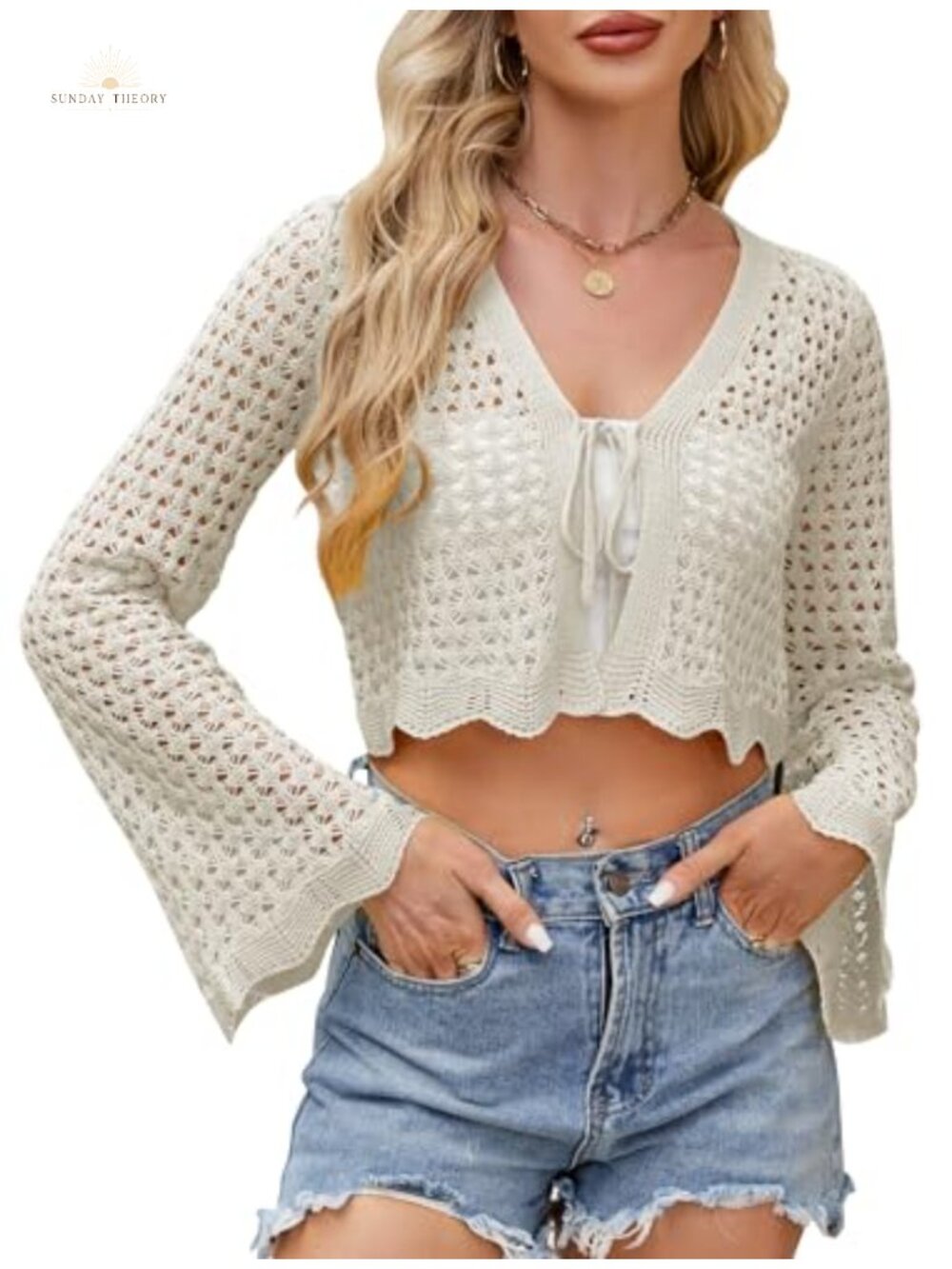 Crochet Tie Front Cardigan Bell Sleeve Cropped Knit Bolero Shrug